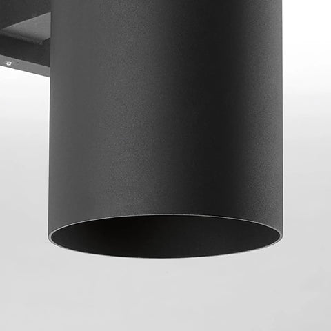 Close-up of black 5 Inch Cylinder Outdoor LED Wall Sconce With 2 Lights Up And Down, Slick Aluminum Black Wall Mount Lighting