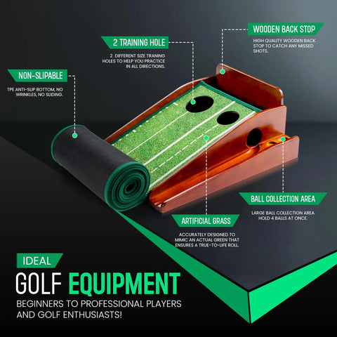 Indoor Putting Green With Auto Ball Return Pro Grade True Roll Mat At 10-11 Stimp Dual Precision Holes Alignment Mirror 2 Balls