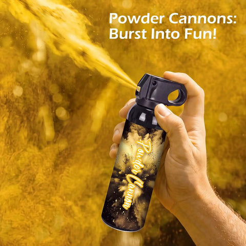 Vibrant Yellow Smoke Bomb Powder Cannon For Gender Reveal Parties And Baby Showers Super Hype For Making Epic Photo Moments Safe Trigger Pull Ready Two Pack showing the cannon in use with yellow powder bursts.