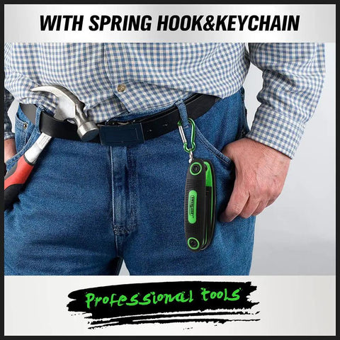 Person using Folding Allen Wrench Set 25 Piece With Metric SAE And Torx Hex Keys clipped to belt for easy access.
