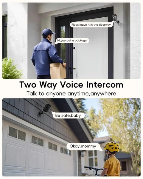 Man delivering package and child on bike with Wireless Outdoor Security Camera With Magnetic Mount No Wires Easy Snap On Mount 130 Degree Field Of View Battery Powered 2 4G WiFi AI Detection 3MP Color Night Vision Two Way Talk Cloud Storage Alexa Compatible IP66 Weatherproof.