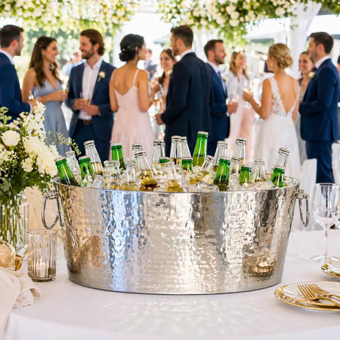 Armored XL Insulated Beverage Tub For Parties holding beer bottles, double wall stainless steel, large ice bucket, 6.25 gallon, no condensation