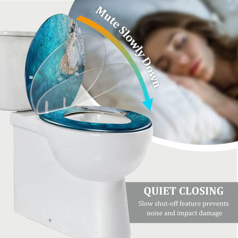 Toilet Seat Cover Elongated Quiet Close for Bathroom with ocean design, features slow close hinge, fits standard toilets.