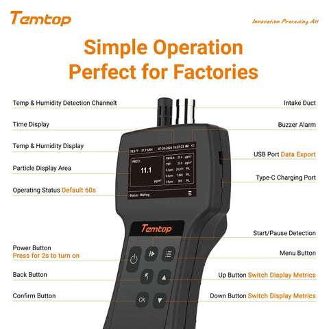 Top Notch Handheld Particle Counter Featuring Pm1 Pm25 Pm10 Air Quality Monitoring And Iso Certified Aerosol Detection Bringing Spot On Accuracy To Cleanrooms Labs And Medical Facilities Daily user interface displaying features and settings.