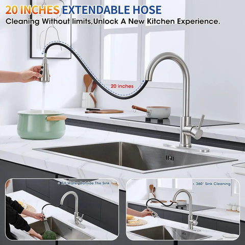 Top Shelf Kitchen Faucet With Pull Down Sprayer In Brushed Nickel Lead Free Stainless Steel Build Rated For Heavy Duty Use And Turning Sink Cleanup Into A Snap with 20-inch hose.