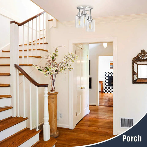 Porch view with 3 Light Semi Flush Mount Ceiling Light With Brushed Nickel Finish And Clear Seeded Glass Shades installed