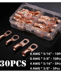Solid 30 Piece Copper Battery Wire Lug Kit With 4 AWG To 8 Gauge Range For Heavy Duty Crimp Terminals And Ring Connectors That Fit Perfectly Under The Hood For Any Rig Or Ride. 8 AWG and 4 AWG copper lugs in a storage case