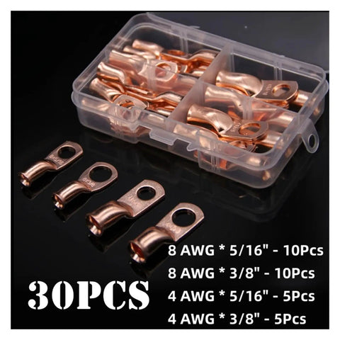 Get Your 30 Piece Copper Battery Wire Lug Kit With Assorted Ring Terminals And Splice Connectors For Heavy Duty 4/8AWG Cables In 5/16" And 3/8" Sizes Perfect For Car Audio Installations And Electrical Repair Jobs Made Simple And Tough. 8 AWG copper lugs in 5/16 and 3/8 sizes in storage box