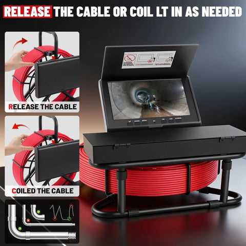 Badass Heavy Duty Self Leveling 7 Inch Sewer Camera With 100 Foot Waterproof Cable, showing monitor with cable release feature.