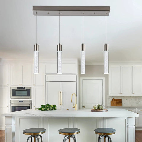 Crystal Bubble 4 Light Pendant For Kitchen Island, brushed nickel ceiling fixture with 32W Premium LED and adjustable height.