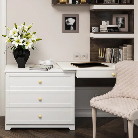 Room with white dresser featuring 30 pack solid kitchen cabinet round knobs and dresser pulls gold brushed brass cupboard hardware for doors and drawers one and one quarter inch top diameter beefy heavy duty build for long lasting use.