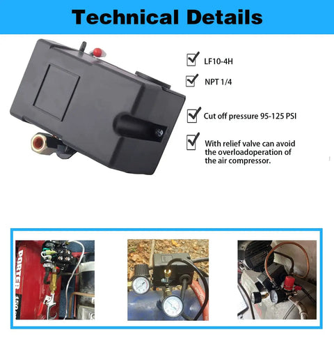 Four Port Air Compressor Pressure Switch Replacement 95-125 PSI NPT Quarter Inch Female With Unloader Valve And Relief Valve 20 Amp Control Durable 6.3 mm Unloader Connection Easy Install, technical details view.