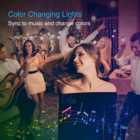 33 Feet LED Strip Lights With App Control And Voice Assistant Compatibility RGB Color Changing Lit Mood Lights For Bedroom Decor Fully Smart Color Spectrum Ambience Works With Alexa And Google Assistant in a party setting with people dancing and playing guitar