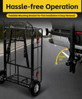 Foldable Hitch N Roll Cargo Carrier Cart With Quick Detachable Basket Rack in use on vehicle, showing 90-degree foldability