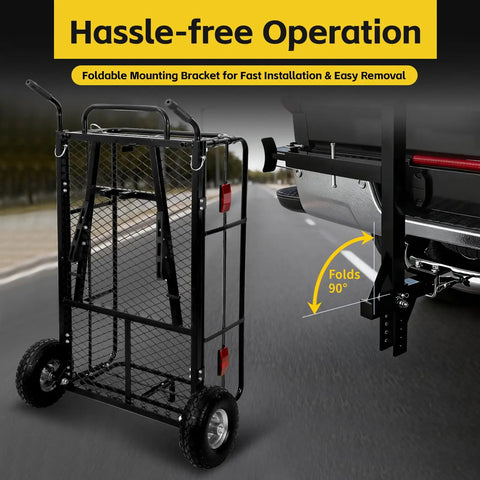 Foldable Hitch N Roll Cargo Carrier Cart With Quick Detachable Basket Rack in use on vehicle, showing 90-degree foldability