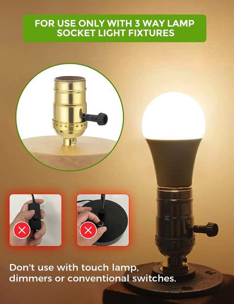 3 Way LED Bulbs 50, 100, 150W Equivalent, Dimmable A19 E26 Base for three-way lamp socket shown on fixture