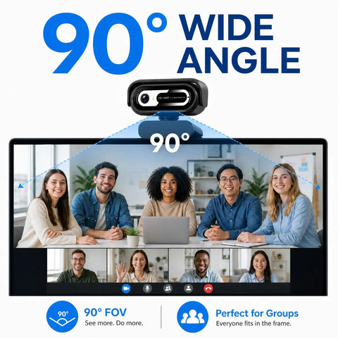 Legit Crisp 1080P Webcam For Pc And Laptops With Dual Noise Cancelling Mic displaying 90° wide angle view during group video call.
