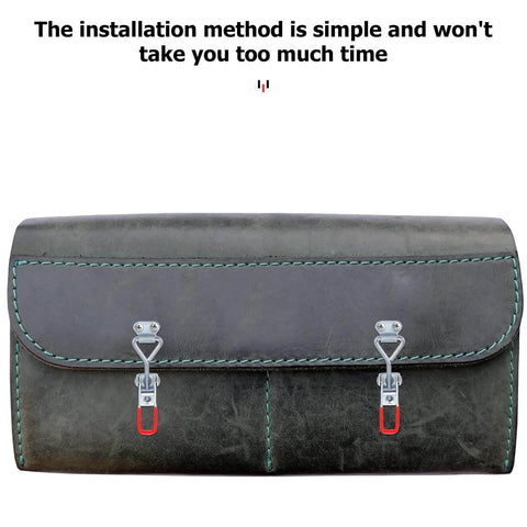 Front view of a leather bag with two toggle clamps and stitching, caption on top about easy installation method.