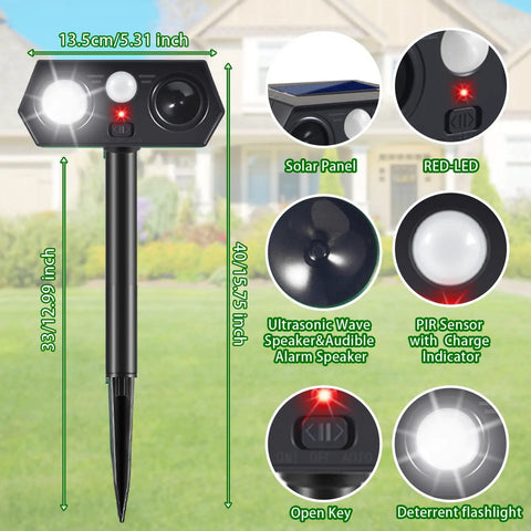 Solar Ultrasonic Critter Repeller With Motion Sensor And LED Flashing Light For Outdoor Yards And Gardens Deterring Deer Cats Dogs Rabbits Squirrels Raccoons And More Two Pack, 40 cm stake