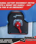 Front view of Longacre 45760 battery disconnect switch with panel; red knob on black anodized aluminum panel