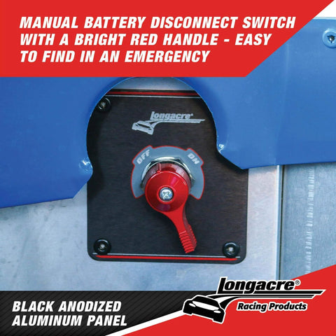 Front view of Longacre 45760 battery disconnect switch with panel; red knob on black anodized aluminum panel