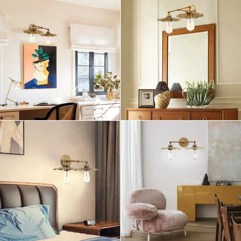 Two-Head Brass Wall Sconce Light With Flower Design Vintage Mid Century Style Vanity Lamp Above Mirror In Living Room