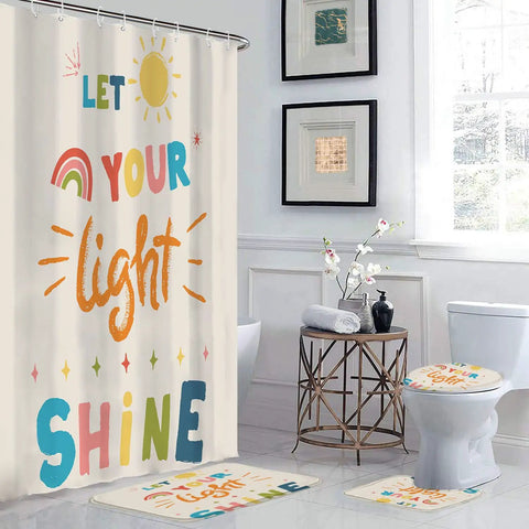 Colorful Quotes Kids Shower Curtain Set With Non Slip Rug, Waterproof 72x72 Inches, Cartoon Inspiring Letters, Easy Care Bathroom Decor