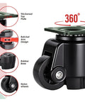 Rock Solid 6600 Lb Plate Mount Leveling Casters With Silver Steel Polyurethane Wheels Four Pack side view with specifications shown.