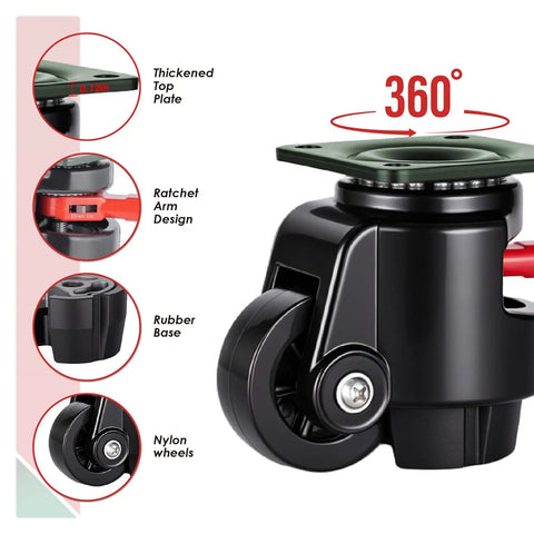 Rock Solid 6600 Lb Plate Mount Leveling Casters With Silver Steel Polyurethane Wheels Four Pack side view with specifications shown.