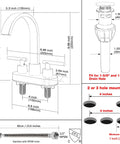 Schematic of Matte Black 4 Inch Centerset Bathroom Faucet For 3 Hole Sinks with dimensions, waterfall spout, pop-up drain, cUPC lines.