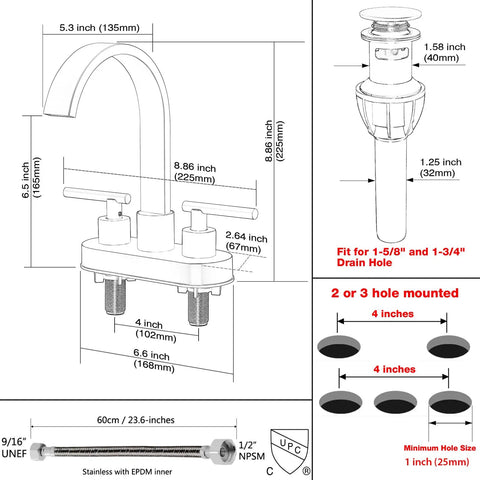 Schematic of Matte Black 4 Inch Centerset Bathroom Faucet For 3 Hole Sinks with dimensions, waterfall spout, pop-up drain, cUPC lines.