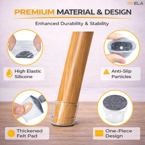 Close-up of 48 Pack Silicone Chair Leg Caps With Felt Pads For Hardwood And Tile Floors Anti Scratch Shield on wooden chair leg