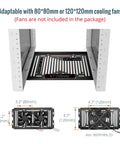 Cooling fan compatibility layout for Straight Up Slick 6U Mini Server Rack, showing sizes 80mm and 120mm, with dimensions.