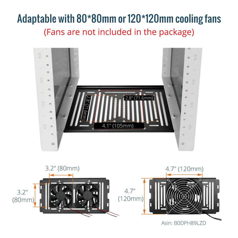 Cooling fan compatibility layout for Straight Up Slick 6U Mini Server Rack, showing sizes 80mm and 120mm, with dimensions.