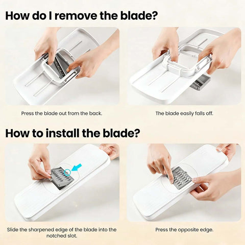 Vegetable chopper mandoline slicer 8-in-1 with container, white plastic, blade installation and removal steps