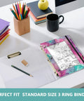 Colorful Zippered Coupon Binder Case for school and office use with pink purple teal accent on desk with stationery.