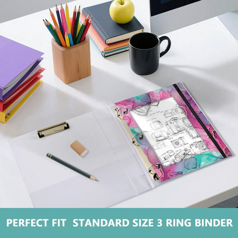 Colorful Zippered Coupon Binder Case for school and office use with pink purple teal accent on desk with stationery.