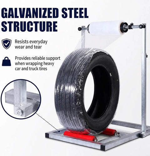 Heavy Duty Film Wrap Roll Dispenser For Tires And Trucks Adjustable Manual Stretch Wrapping Stand displaying galvanized steel structure.