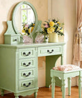 Green vanity desk with oval mirror, featuring Antique Drop Bail Pulls Set of 6 Cabinet Handles with 12 Screws Zinc Alloy Drawer Pulls.