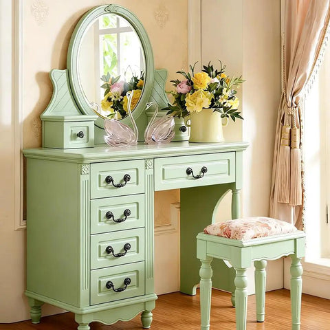 Green vanity desk with oval mirror, featuring Antique Drop Bail Pulls Set of 6 Cabinet Handles with 12 Screws Zinc Alloy Drawer Pulls.