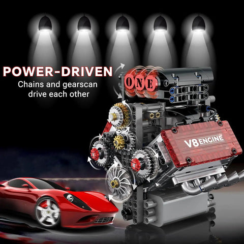 Mini V8 Engine Kit That Really Runs With Battery And Motor, Build Your Own 8 Cylinder STEM Engine Model, Realistic Pistons, Crankshaft, Belts, Fans, And Moving Parts, 478 Plus Pieces For Adults And Makers, power-driven gears