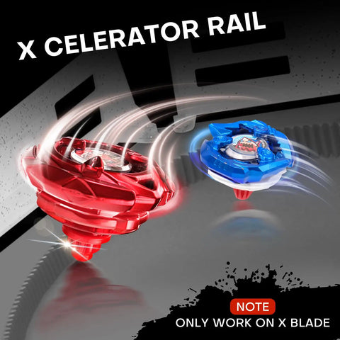 Stadium Battling Set With 4 Spinning Tops 2 Launchers And Arena Featuring X Acceleration Rail with spinning red and blue tops