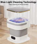 Portable Folding Mini Washer With Spin Dryer Combo 20 Liter Capacity, showing blue light cleaning technology in compact design.