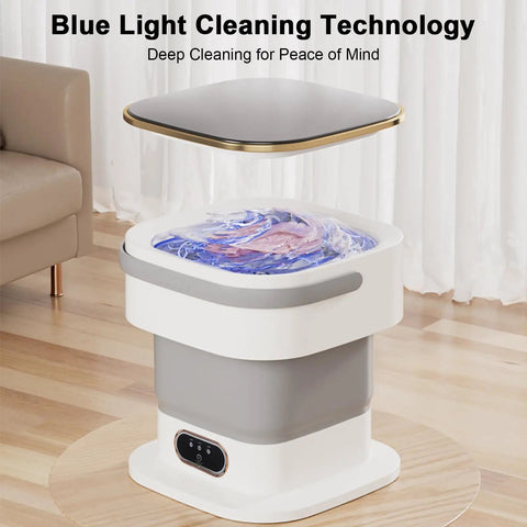 Portable Folding Mini Washer With Spin Dryer Combo 20 Liter Capacity, showing blue light cleaning technology in compact design.
