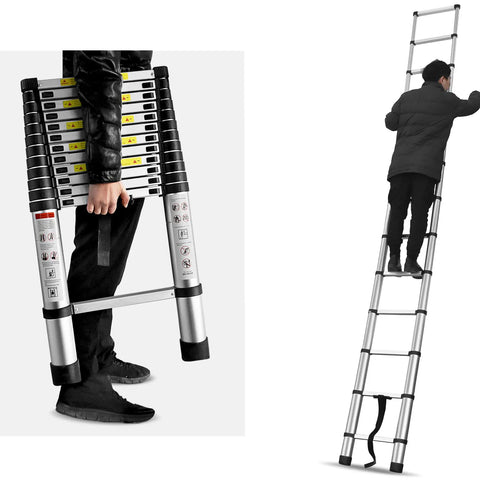 12.5ft Telescoping Aluminum Ladder With Locking Mechanism Extendable And Collapsible For Attic And Home Or Outdoor Use Heavy Duty 330 Lb Capacity Easy To Store And Setup Built For Pro Grade DIY, telescoped with user