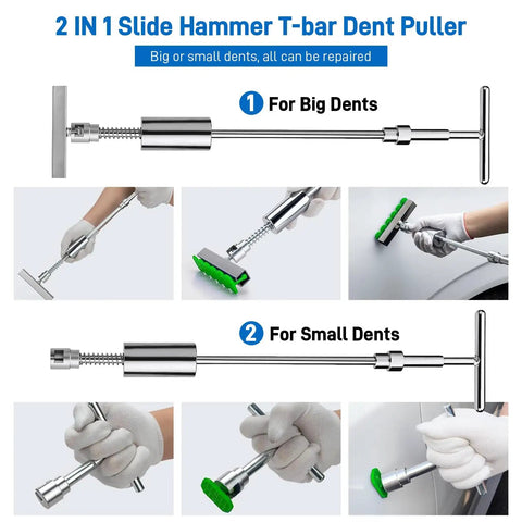 Paintless Car Dent Repair Kit With Golden Lifter, Bridge Puller And Slide Hammer T Bar, showing tools for big and small dents