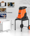 Powerful 15-Amp Wood Chipper Shredder With 50L Collection Bin Mulches Up To 1.8-Inch Branches, orange unit with specs