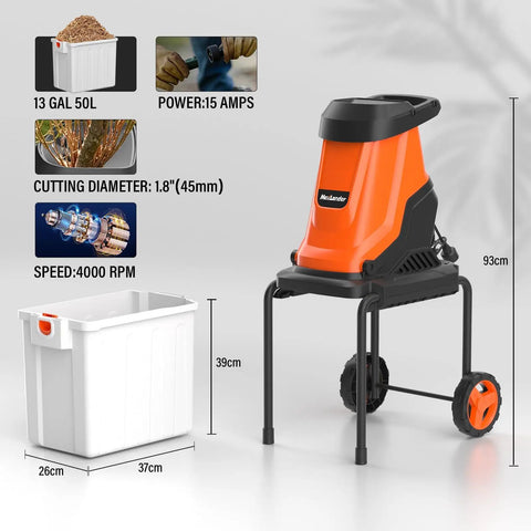 Powerful 15-Amp Wood Chipper Shredder With 50L Collection Bin Mulches Up To 1.8-Inch Branches, orange unit with specs