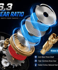 Heavy Duty Wide Frame Baitcasting Reel With Adjustable Ten Magnet Brake And Forty Pound Max Drag gear components showing smooth power transfer and brass gear.