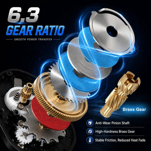 Heavy Duty Wide Frame Baitcasting Reel With Adjustable Ten Magnet Brake And Forty Pound Max Drag gear components showing smooth power transfer and brass gear.